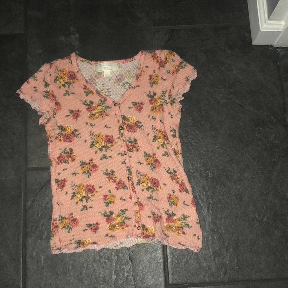 Pink floral tee with buttons